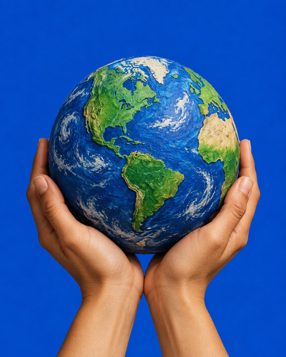 Editorial illustration: two hands holding a globe